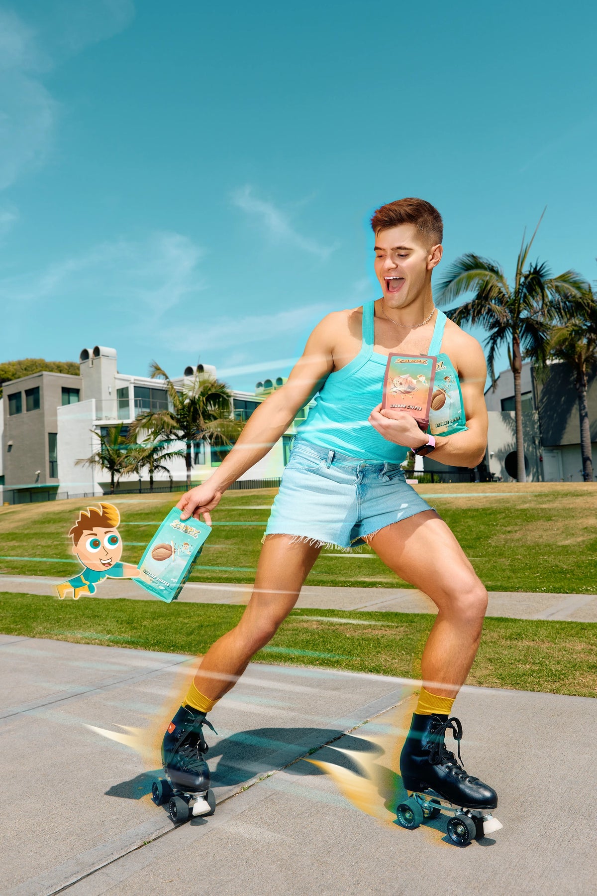 Caleb on roll boots carrying Zappy Coffee Products